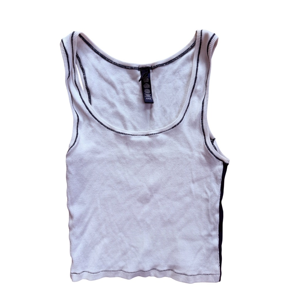 Skims Womens Ribbed Tank Top White Navy Blue Contrast Stitching Size Medium